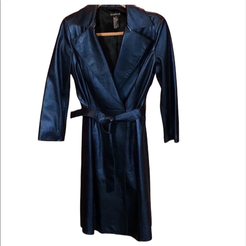 NWOT BEBE genuine opulent dark navy leather
trench style coat jacket